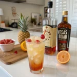 A glass of a Vegas Bomb cocktail with a colorful, layered appearance, featuring whiskey, peach schnapps, and energy drink, garnished with a cherry.