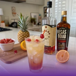 Ingredients for a Vegas Bomb cocktail displayed: whiskey, peach schnapps, and an energy drink, ready to be mixed into a refreshing shot