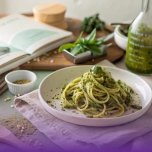 Overhead view of a rustic wooden table featuring a bowl of raw zucchini noodles dressed in bright green pesto, surrounded by fresh basil sprigs, halved cherry tomatoes, and scattered pine nuts, creating an inviting composition.