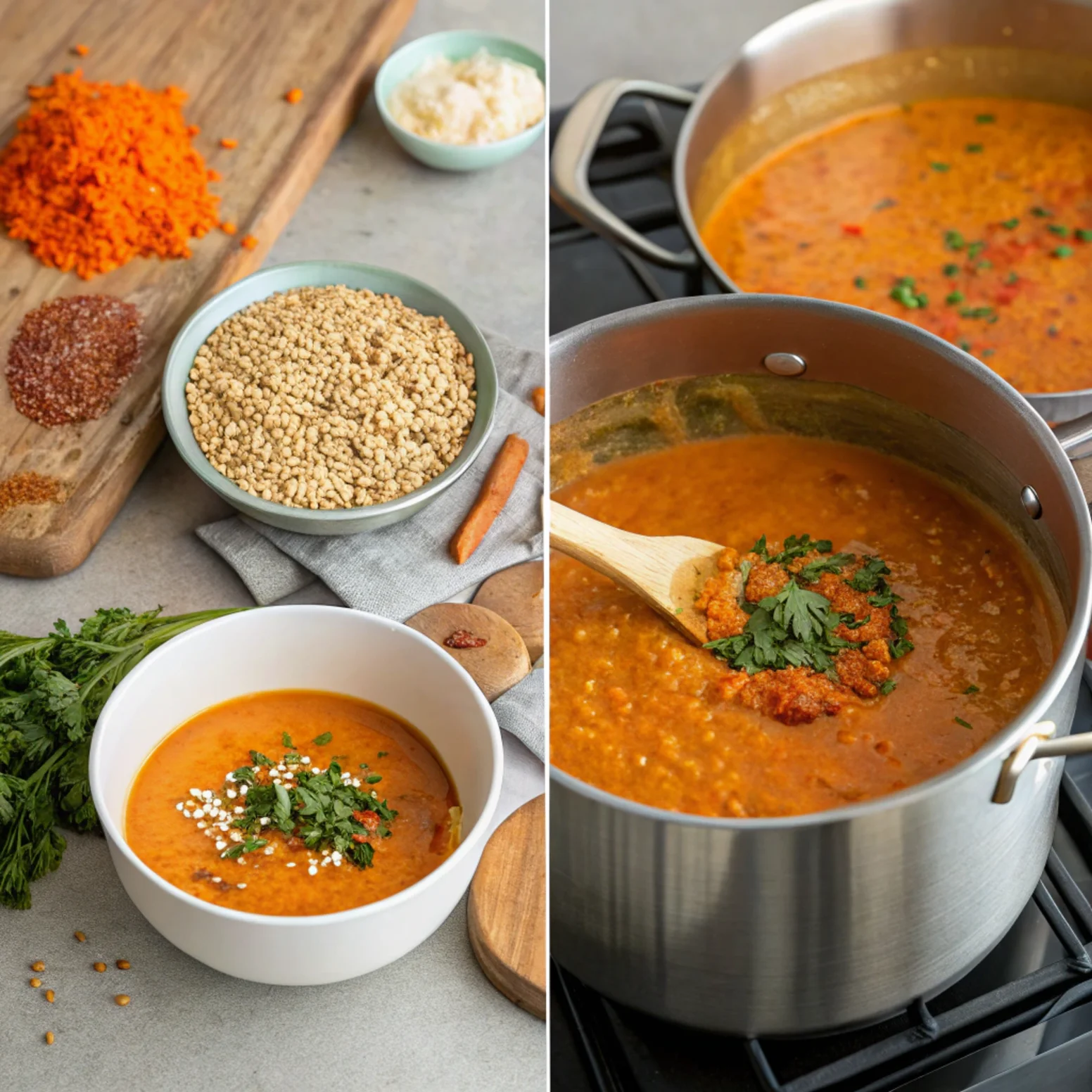 Add lentils, vegetable stock, and tahini. Bring to a boil, then reduce the heat to low and simmer for 25-30 minutes until the carrots and lentils are tender.