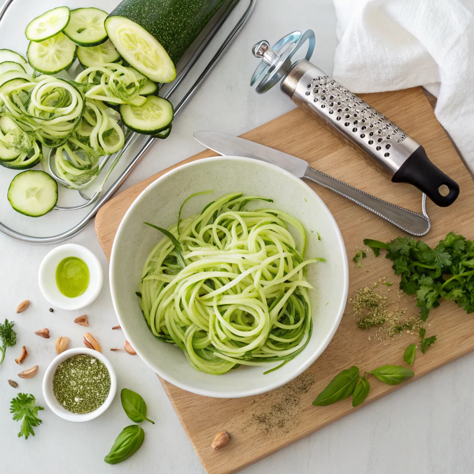 Freshly spiralized zucchini noodles arranged in a large basin, ready for preparation in a raw vegan dish.