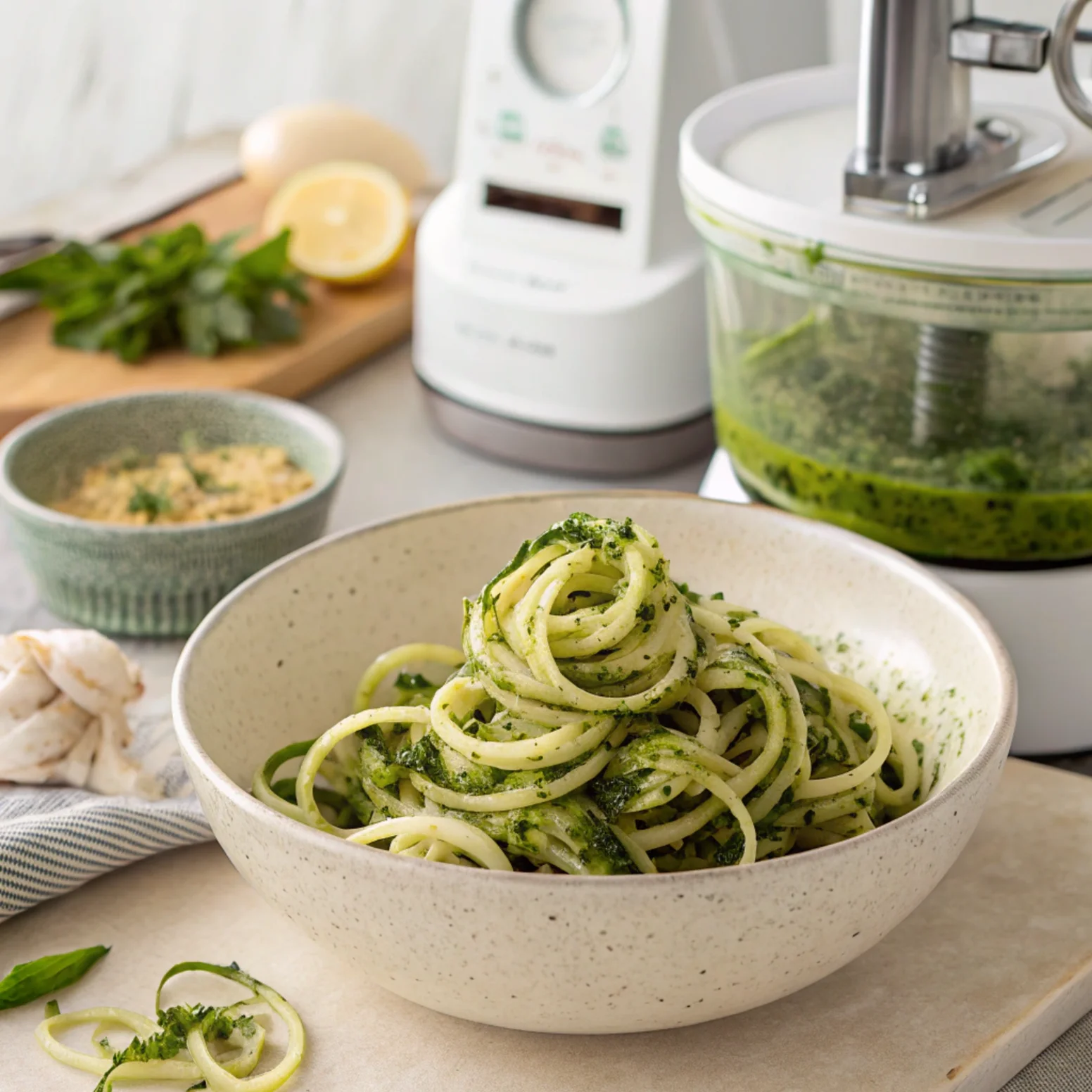 A food processor filled with fresh basil leaves, soaked cashews, garlic, lemon juice, and nutritional yeast, blending into a creamy pesto sauce.