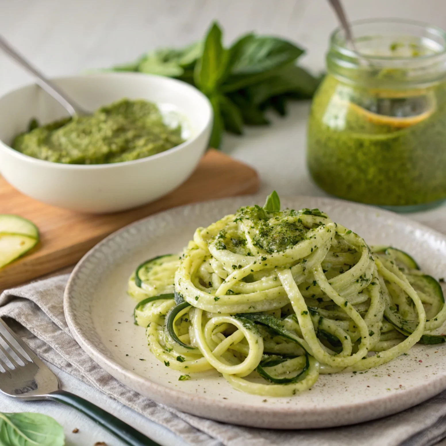 Tossed zucchini noodles coated in vibrant green pesto, garnished with basil leaves and served in a bowl for a delicious raw vegan meal.