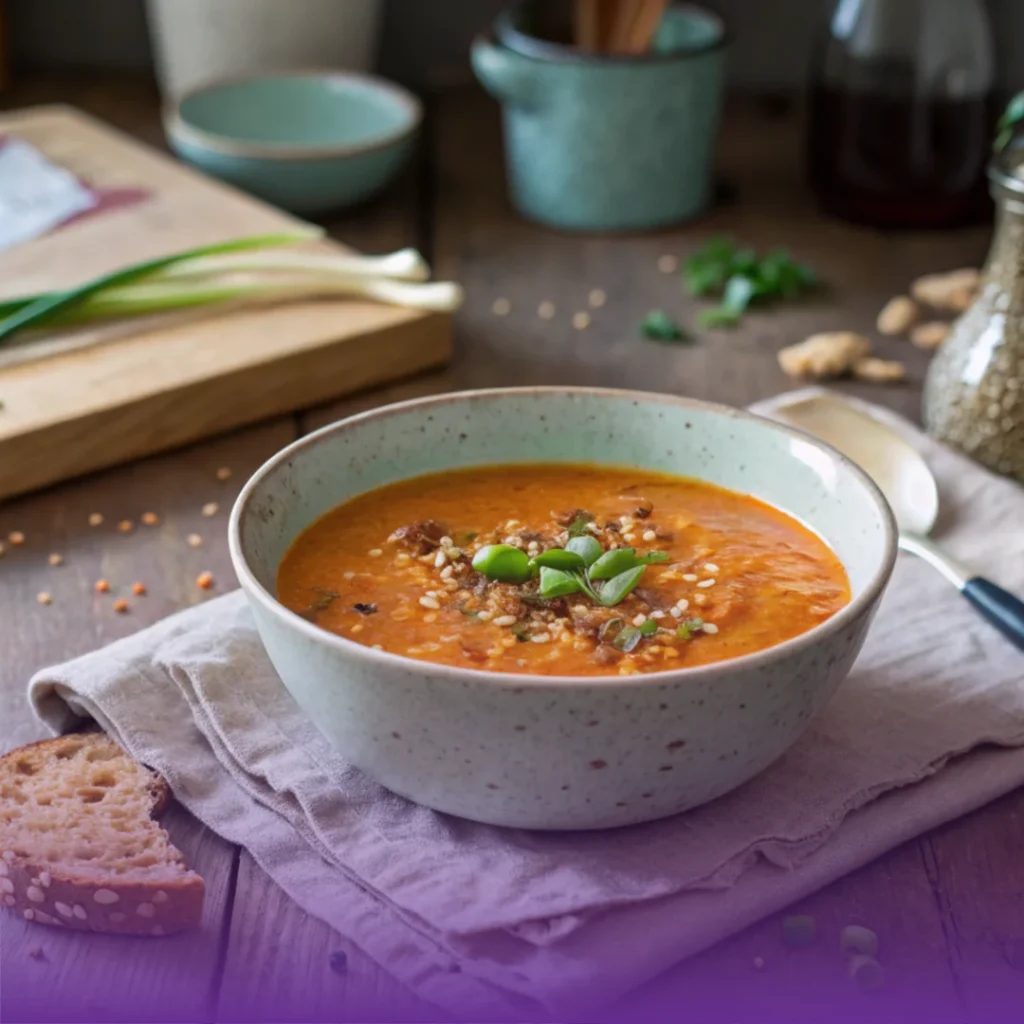 Spicy sesame carrot soup with red lentils, served in a bowl with fresh cilantro garnish and a drizzle of sesame oil, accompanied by a slice of toasted bread.