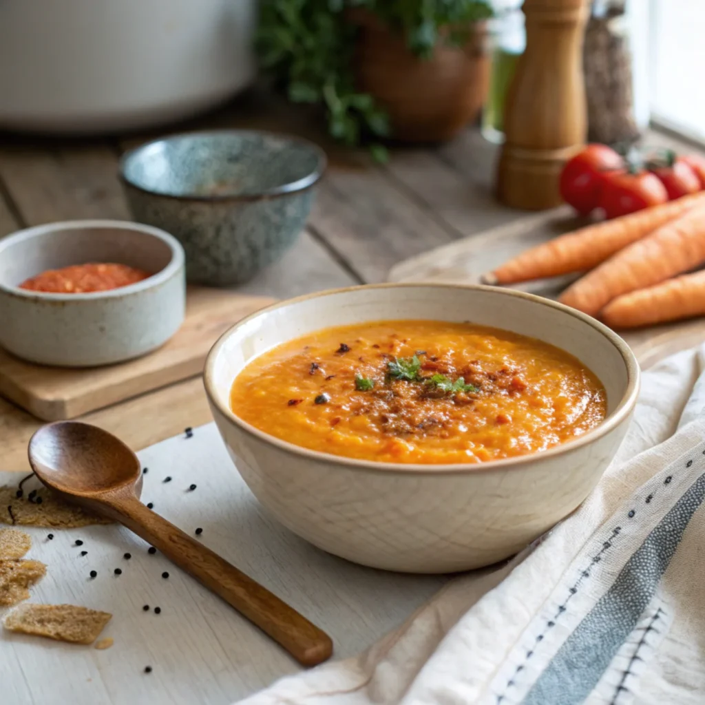 A pot of simmering Spicy Sesame Carrot Soup with red lentils, with a close-up view of the vibrant orange broth and visible lentils.