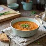 Bowl of Spicy Sesame Carrot Soup with Red Lentils, garnished with fresh cilantro and a drizzle of sesame oil, served with crusty bread on a wooden table.