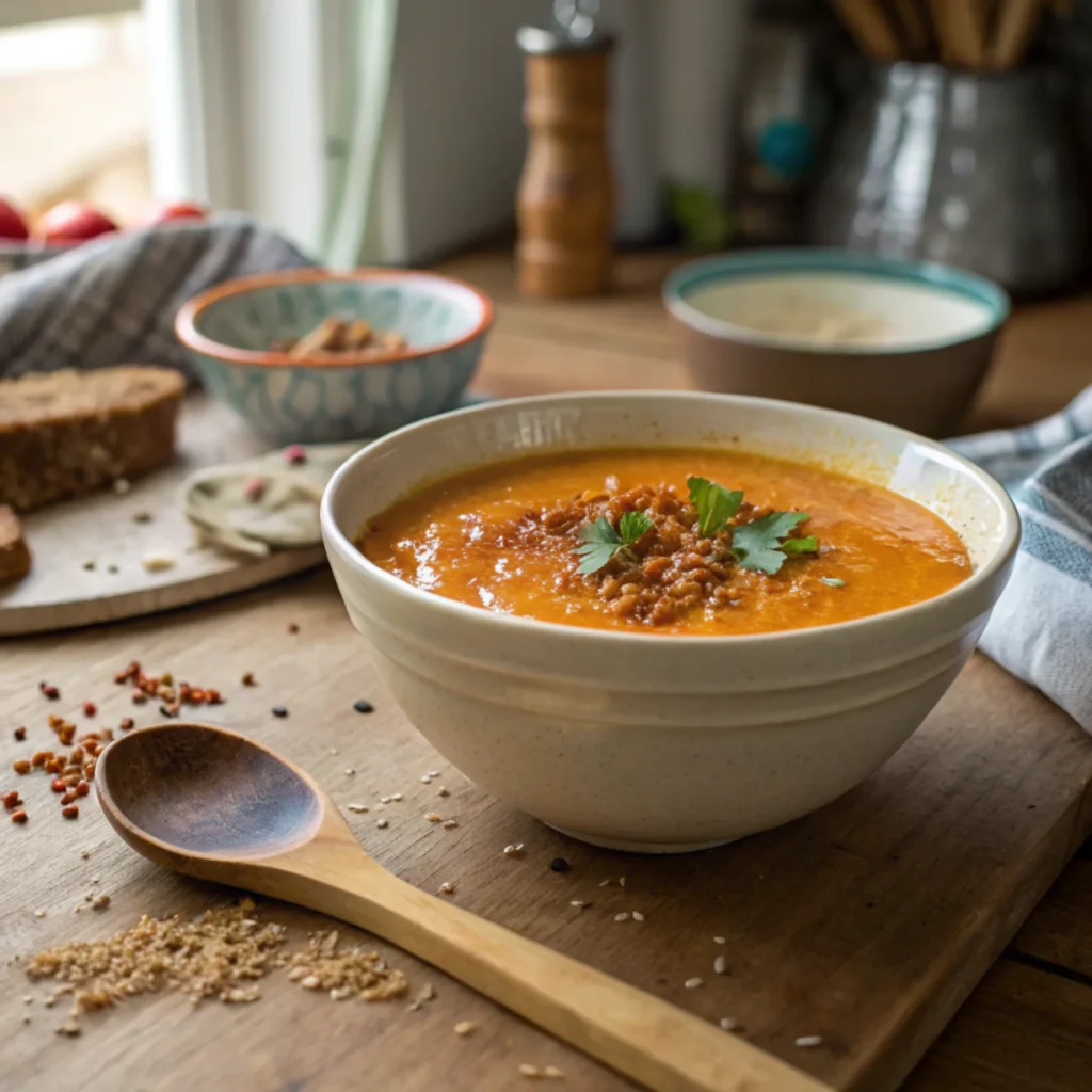 A pot of simmering Spicy Sesame Carrot Soup with red lentils, with a close-up view of the vibrant orange broth and visible lentils.